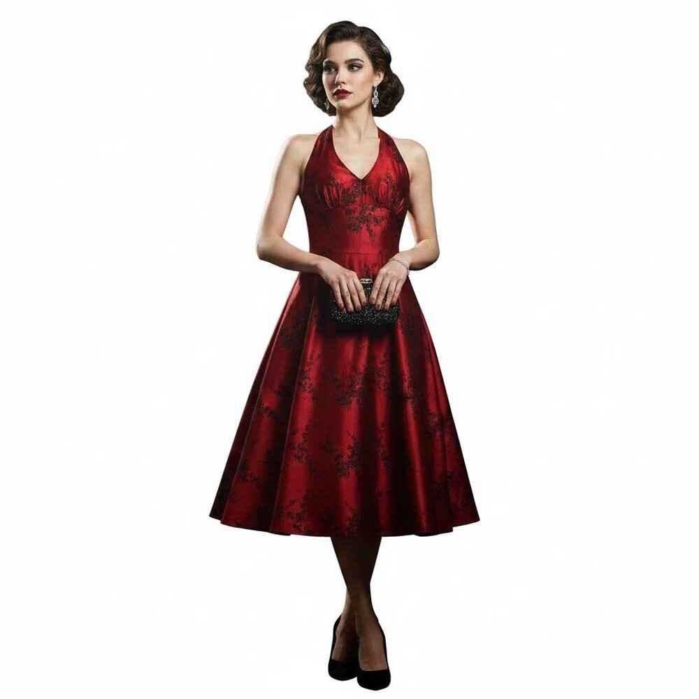 Y2K Red Halter Midi Gothic Satin Valentine's Day Prom Floral Jacquard Dress - L